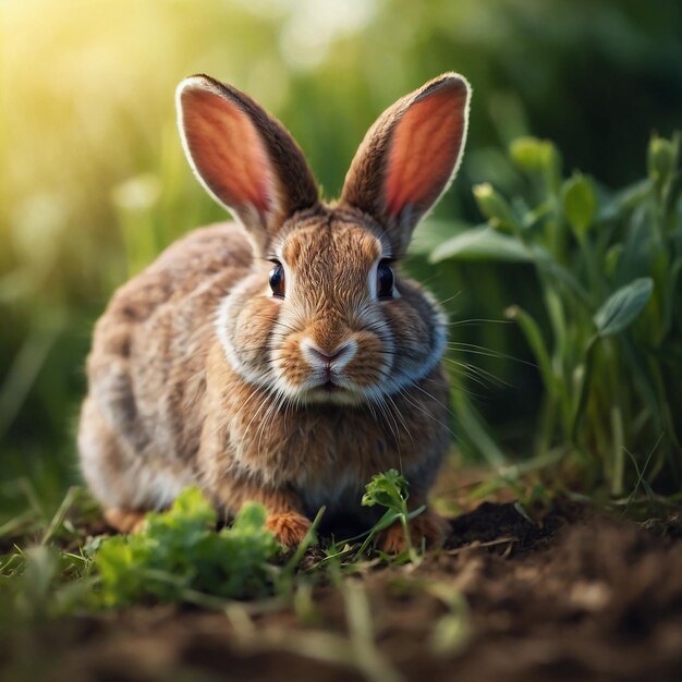 Un mignon lapin mange du fourrage dans le champ qu'ai créé