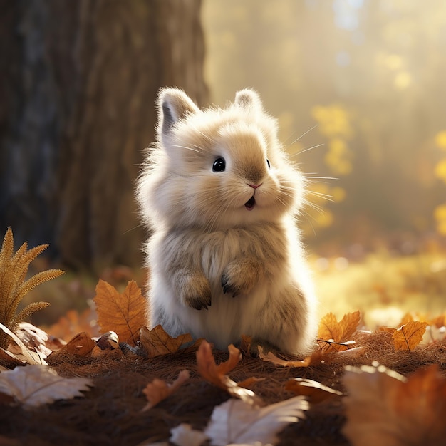 Un mignon lapin moelleux assis dans la forêt d'automne à manger