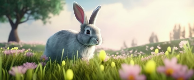 Mignon lapin moelleux dans un pré avec de l'herbe et des fleurs en été