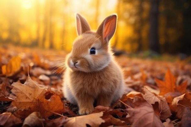 un mignon lapin moelleux sur le fond de la forêt d'automne