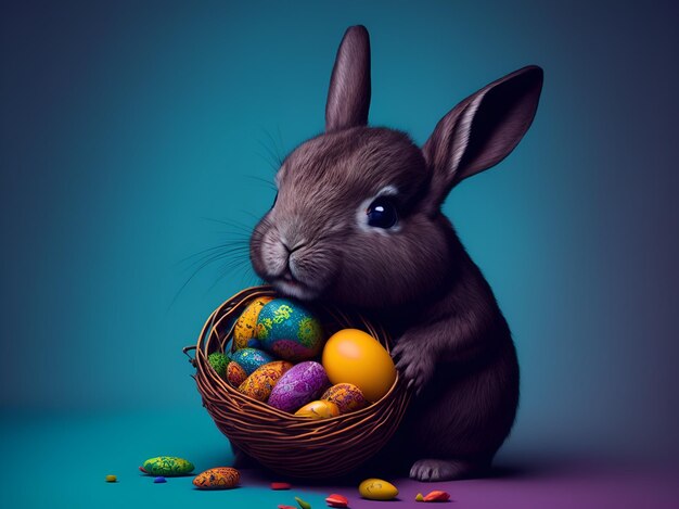 Photo un mignon lapin avec des œufs de pâques et un beau panier sur un fond coloré