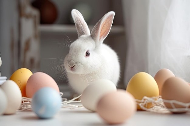 Un mignon lapin et des œufs de Pâques sur une table blanche en gros plan