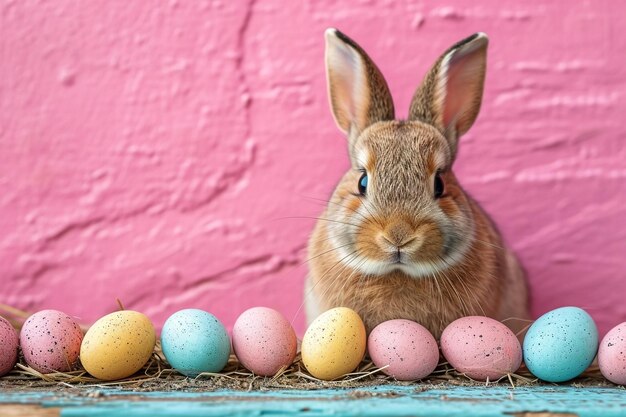 Un mignon lapin de Pâques assis sur un mur rose avec des œufs de couleur pastel