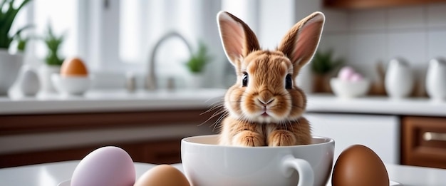 Le mignon lapin de Pâques assis sur une tasse à la recherche d'œufs de Pâque Concept de traditions de vacances et de printemps