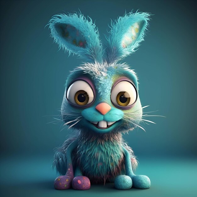 Mignon lapin de Pâques aux yeux bleus assis sur fond bleu rendu 3D