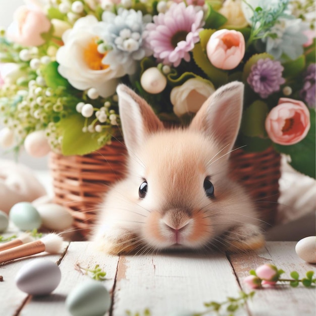 Le mignon lapin de Pâques et les fleurs de printemps sur fond blanc en gros plan