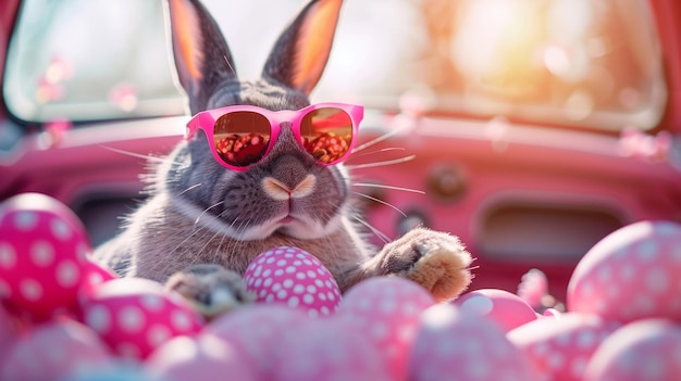 Le mignon lapin de Pâques avec des lunettes de soleil dans une voiture pleine d'œufs de Pâque aventure de vacances capricieuse scène vibrante AI générative