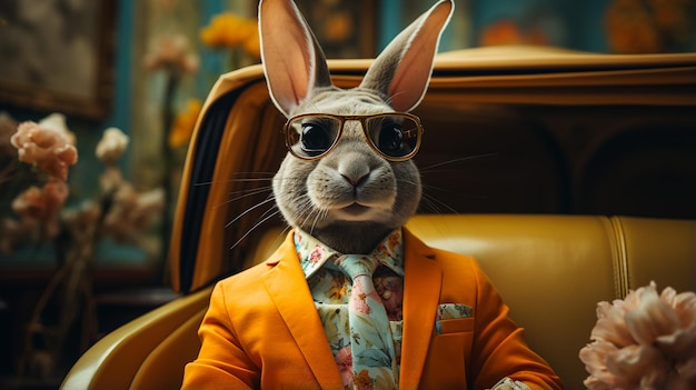 Mignon lapin de Pâques avec des lunettes de soleil regardant d'une voiture remplie d'œufs de Pâques IA générative