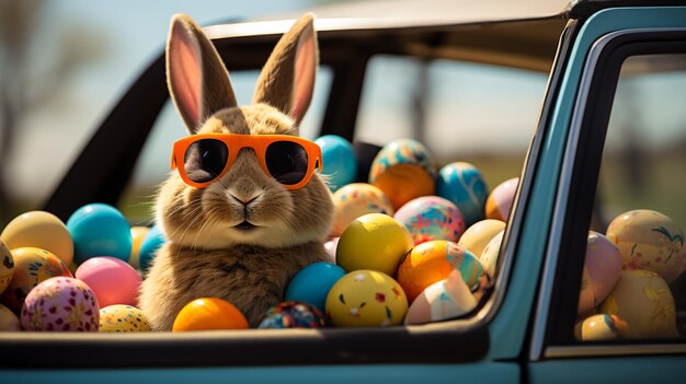 Photo mignon lapin de pâques avec des lunettes de soleil regardant d'une voiture remplie d'œufs de pâques ia générative