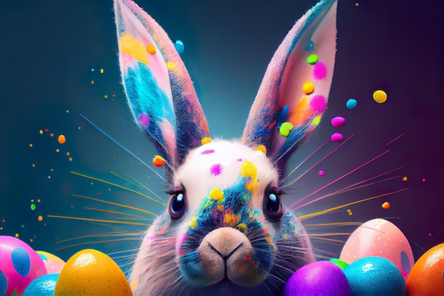 Mignon lapin de Pâques et oeufs colorés peints teints pour les vacances de printemps Generative AI