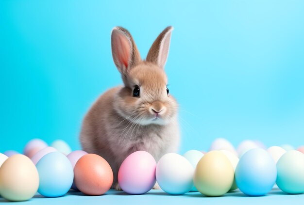 Un mignon lapin de Pâques avec des œufs sur un fond bleu clair