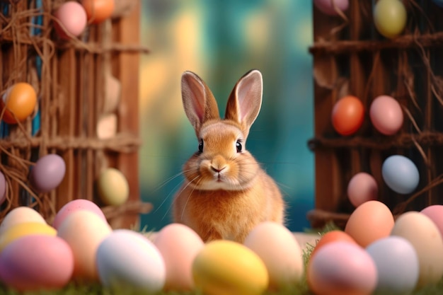 Le mignon lapin de Pâques avec des œufs de Pâque colorés regardant la caméra avec de l'espace pour le texte de Pêche
