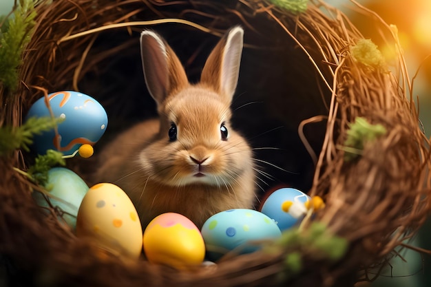 Un mignon lapin de Pâques avec des œufs de Pâque dans le panier.