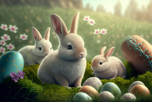 Mignon lapin de Pâques et oeufs de Pâques sur l'herbe paysage 3D Illustration générative ai