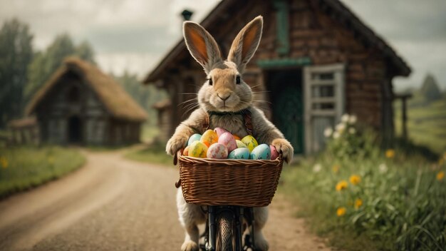 Photo un mignon lapin de pâques avec une petite brouette et des œufs de pâque peints.