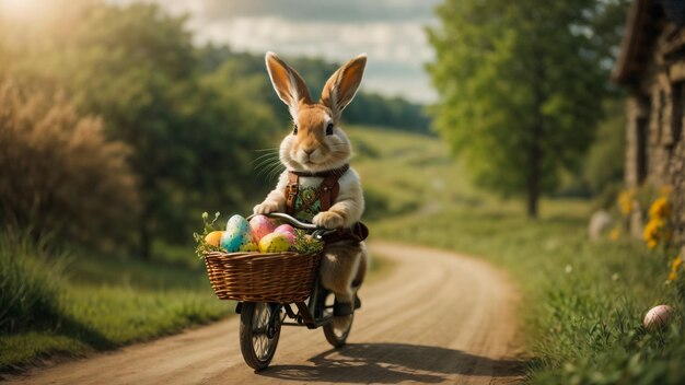 Photo un mignon lapin de pâques avec une petite brouette et des œufs de pâque peints.