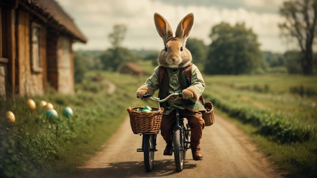 Photo un mignon lapin de pâques avec une petite brouette et des œufs de pâque peints.