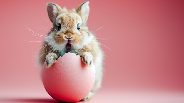 un mignon lapin de Pâques rampant hors de la coquille d'œuf sur un fond rose