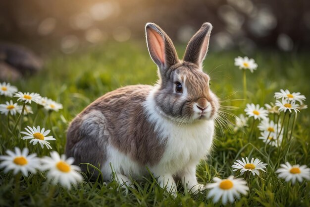 Le mignon lapin parmi les marguerites au soleil