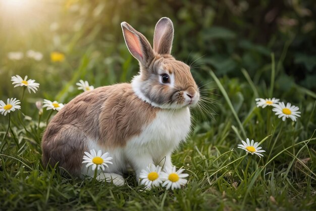 Le mignon lapin parmi les marguerites au soleil