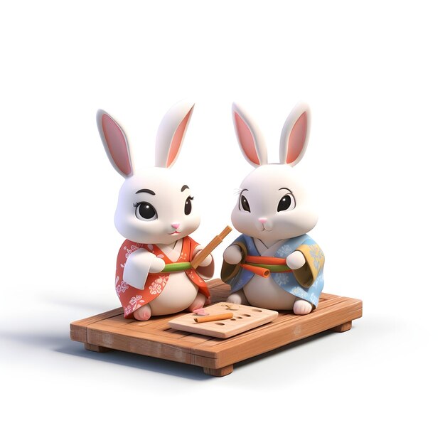 Un mignon lapin portant un hanbok et tenant un fond blanc présent en style Pixar.