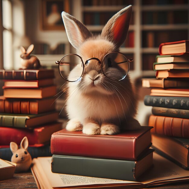 Photo un mignon lapin portant des lunettes et assis sur une pile de livres.