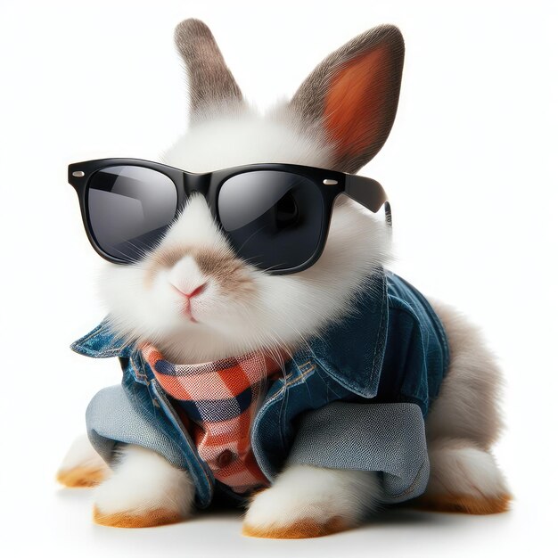 Un mignon lapin portant des lunettes de soleil isolé sur un fond blanc