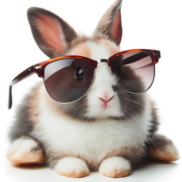 Un mignon lapin portant des lunettes de soleil isolé sur un fond blanc