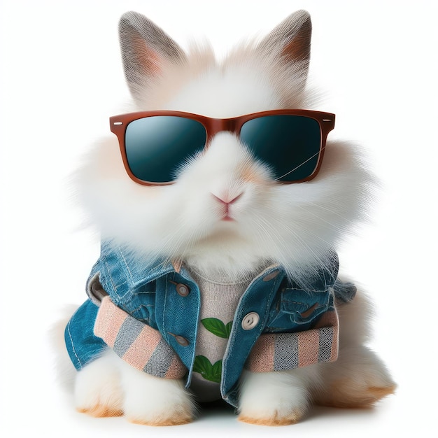 Un mignon lapin portant des lunettes de soleil isolé sur un fond blanc