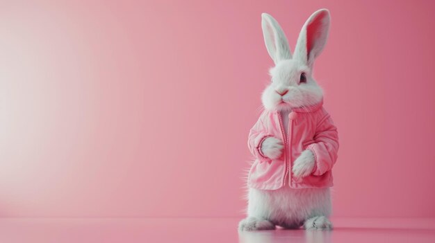 Un mignon lapin porte un pull rose confortable devant un fond rose correspondant Le lapin a l'air adorable et élégant dans sa tenue AI générative