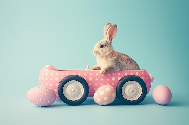 un mignon lapin avec une voiture de jouet et des œufs de Pâques sur la nature concept de carte de vœux de Pâque