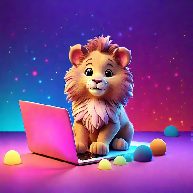 Un mignon lion 3D utilisant un arrière-plan d'ordinateur portable généré par l'IA