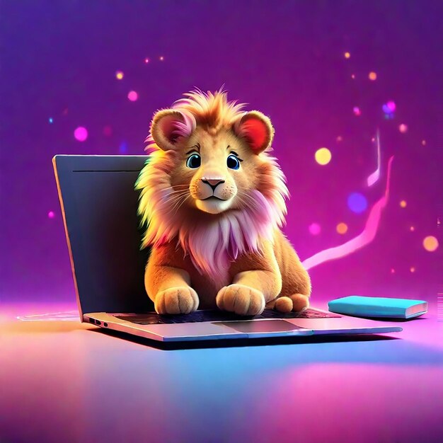 Un mignon lion 3D utilisant un arrière-plan d'ordinateur portable généré par l'IA