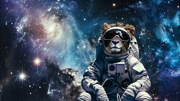 Un mignon lion spatial vêtu d'une combinaison d'astronaute avec un fond d'étoile galactique Ai Generative