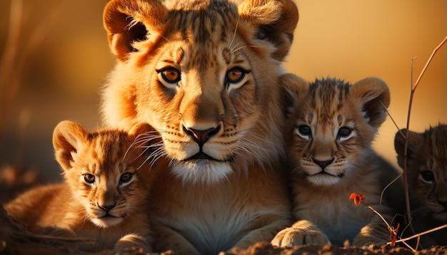 Photo un mignon lionceau qui regarde en petit groupe la beauté de la nature en afrique générée par l'intelligence artificielle