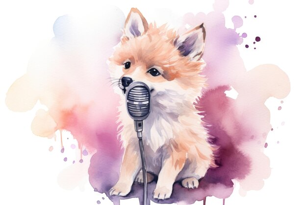 Un mignon loup à l'aquarelle avec un microphone sur fond blanc