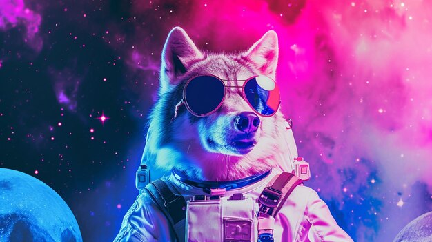 Un mignon loup de l'espace vêtu d'un costume d'astronaute avec un fond d'étoile galactique Ai Generative