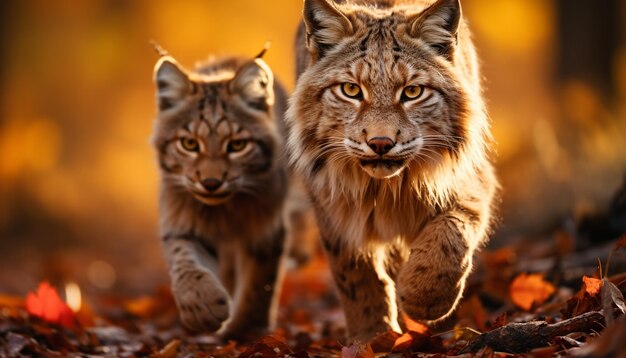 Photo un mignon lynx dans la forêt d'automne regardant une caméra générée par l'ia