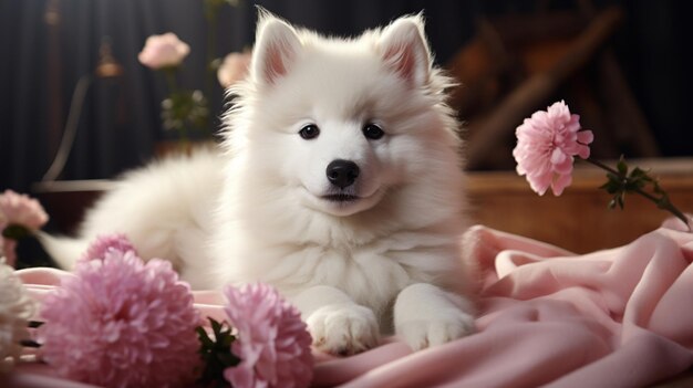 Un mignon et magnifique chiot samoyède génératif AI