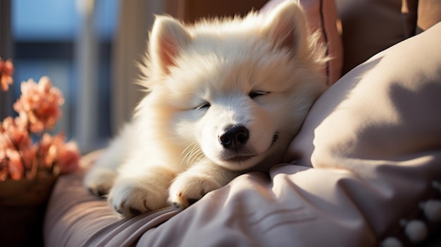 Un mignon et magnifique chiot samoyède génératif AI