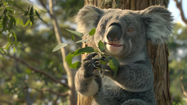 Photo un mignon et mignon koala est assis dans un arbre et mange des feuilles d'eucalyptus le koala regarde la caméra avec une expression curieuse