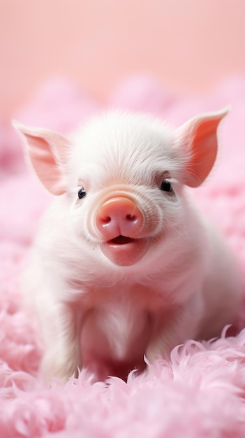 un mignon mini cochon souriant sur un fond rose pastel