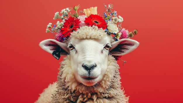 Un mignon et moelleux mouton blanc portant une couronne de fleurs roses et blanches sur sa tête regarde la caméra avec une expression curieuse