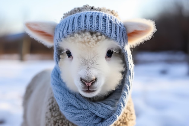 Un mignon mouton portant un foulard et un chapeau de tricot ajoute une touche d'humour au froid hivernal.