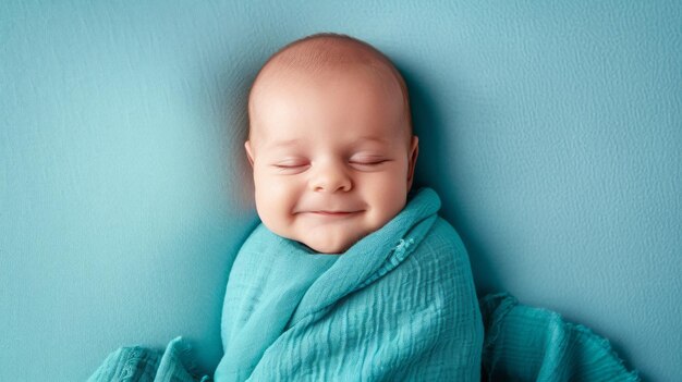 Photo un mignon nouveau-né qui dort sur un fond bleu