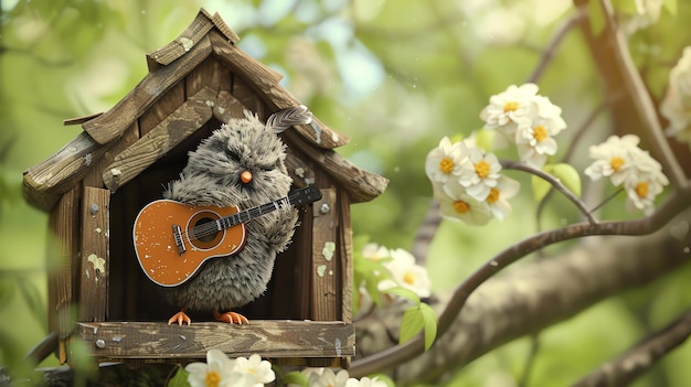 Un mignon oiseau de dessin animé joue de la guitare dans une cabane pour oiseaux l'oiseau est entouré de fleurs et de feuilles l'image est chaleureuse et accueillante