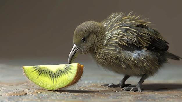 Photo un mignon oiseau kiwi mange une tranche de kiwi l'oiseau se tient sur une table en bois le kiwi est vert et juteux