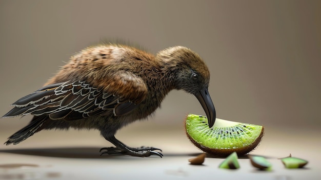 Photo un mignon oiseau kiwi mange une tranche de kiwi l'oiseau se tient sur une table le kiwi est assis devant lui