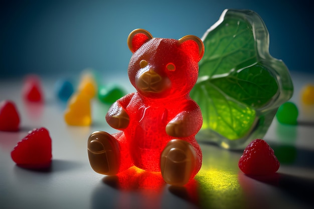 mignon ours gommeux rouge avec fond de fruits