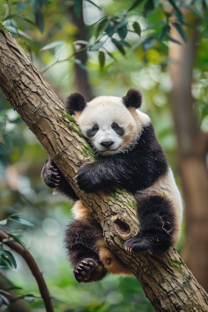 Un mignon ours panda assis sur une branche d'arbre convient aux concepts de nature et de faune